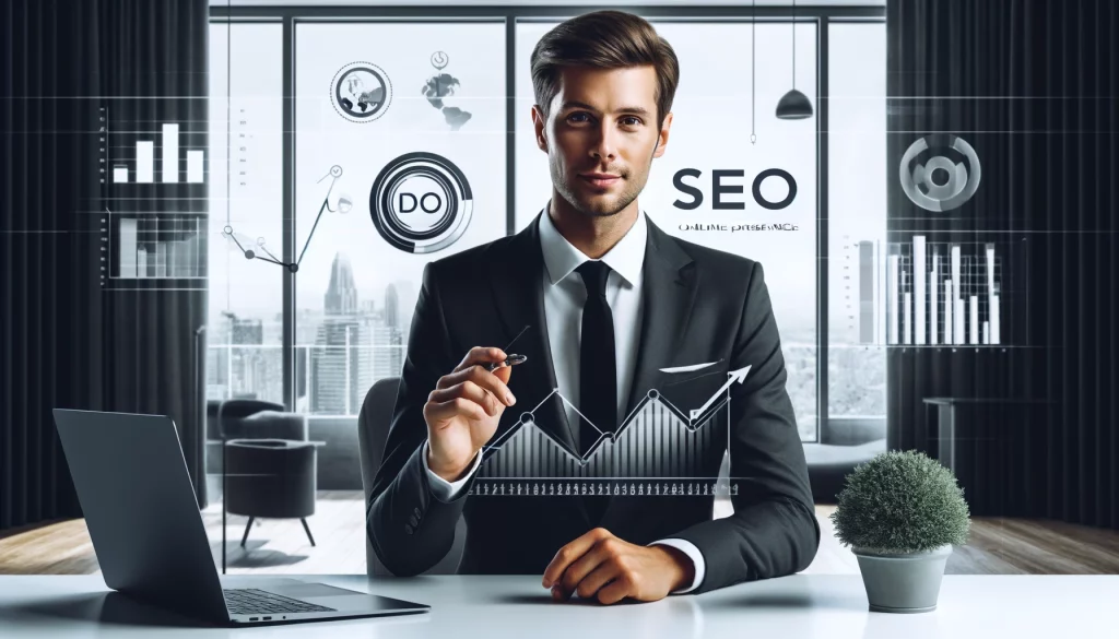 A professional consultant named Simon White in a modern office setting, pointing to an SEO graph showing upward trends.